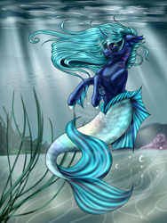Size: 2121x2828 | Tagged: safe, artist:crazyaniknowit, oc, oc only, merpony, pony, unicorn, blue mane, bubble, coral, crepuscular rays, dorsal fin, fins, fish tail, flowing mane, flowing tail, green eyes, high res, horn, looking at you, mermaid tail, ocean, rock, sand, seaponified, seaweed, solo, species swap, sunlight, swimming, tail, underwater, water