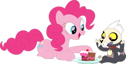 Size: 3588x1836 | Tagged: safe, artist:porygon2z, pinkie pie, earth pony, pony, titan, g4, broken horn, cake, cake slice, collar, crossover, duo, duo male and female, female, food, friendshipping, horn, king clawthorne, licking, licking lips, male, pet tag, show accurate, simple background, skull, the owl house, tongue out, transparent background, vector
