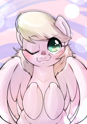 Size: 1430x2048 | Tagged: safe, artist:kurogewapony, oc, oc only, oc:moff cloud, pegasus, pony, blushing, female, looking at you, mare, one eye closed, smiling, solo