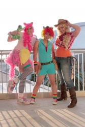 Size: 1057x1585 | Tagged: safe, applejack, gummy, pinkie pie, rainbow dash, human, g4, 2012, am2, boots, clothes, converse, cosplay, costume, cowboy boots, cowboy hat, hat, irl, irl human, photo, plushie, shoes