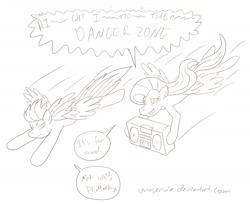 Size: 1961x1597 | Tagged: safe, artist:unoservix, fluttershy, rainbow dash, pegasus, pony, g4, 2012, boombox, danger zone, kenny loggins, pencil drawing, rainbow dash is not amused, song reference, speech bubble, traditional art, unamused