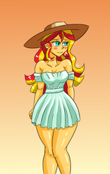 Size: 1200x1900 | Tagged: safe, artist:zachc, sunset shimmer, equestria girls, g4, adorasexy, bare shoulders, beautiful, blushing, breasts, busty sunset shimmer, cleavage, clothes, cute, dress, female, gradient background, hat, legs, looking away, sexy, shimmerbetes, solo, sun hat, thighs