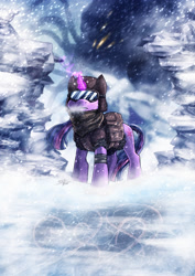 Size: 1700x2400 | Tagged: safe, artist:bluewolfavenger, part of a set, twilight sparkle, pony, unicorn, g4, bag, bandage, blizzard, body horror, breath, clothes, cold, cracked, crossover, cthulhu, cthulhu mythos, elder god, female, frozen, glowing eyes, glowing horn, goggles, h.p. lovecraft, hat, horn, ice, jacket, lovecraft, magic, magic aura, mare, mountain, saddle bag, scarf, silhouette, snow, snow goggles, snowfall, solo, tentacles, unicorn twilight, winter