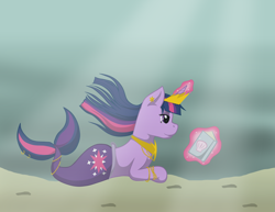 Size: 2785x2154 | Tagged: safe, artist:dalekwithakeyblade, twilight sparkle, merpony, pony, g4, book, bracelet, crown, ear piercing, earring, high res, jewelry, levitation, magic, peytral, piercing, reading, regalia, ring, solo, species swap, tail, tail piercing, tail ring, telekinesis, underwater, water