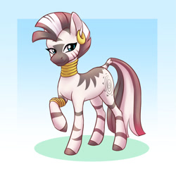 Size: 1280x1230 | Tagged: safe, artist:anvalina, zecora, pony, zebra, g4, abstract background, bracelet, cute, ear piercing, earring, female, jewelry, looking at you, mare, neck rings, piercing, quadrupedal, raised hoof, smiling, smiling at you, solo, zecorable