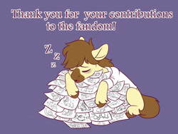 Size: 1280x964 | Tagged: safe, artist:anvalina, oc, oc only, oc:caspasin42, earth pony, pony, clothes, drawing, lab coat, male, onomatopoeia, paper, purple background, simple background, sleeping, solo, sound effects, stallion, text, zzz