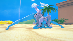 Size: 1366x768 | Tagged: safe, artist:legions20, trixie, unicorn, anthro, g4, 3d, alternate hairstyle, babysitter trixie, beach, bikini, clothes, face down ass up, feet, hoodie, jack-o challenge, koikatsu, legs, meme, pigtails, swimsuit