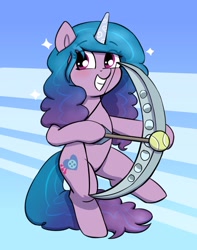 Size: 1617x2052 | Tagged: safe, artist:heretichesh, izzy moonbow, pony, unicorn, g5, abstract background, arrow, ball, bipedal, blushing, bow (weapon), bow and arrow, dexterous hooves, eye clipping through hair, eyebrows, eyebrows visible through hair, female, grin, hoof hold, izzy diana moonbow, izzy's tennis ball, mare, name pun, pun, smiling, solo, standing, standing on one leg, tennis ball, visual pun, weapon