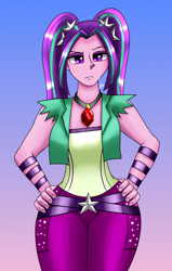 Size: 1400x2200 | Tagged: safe, artist:zachc, aria blaze, equestria girls, g4, clothes, female, gem, gradient background, hand on hip, looking at you, pigtails, siren gem, solo