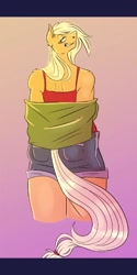 Size: 1080x2160 | Tagged: safe, artist:unfinishedheckery, applejack, earth pony, anthro, g4, applebutt, ass, butt, clothes, digital art, female, looking at you, looking back, looking back at you, shirt, shorts, simple background, smiling, smiling at you, solo, tail, thighs, undressing