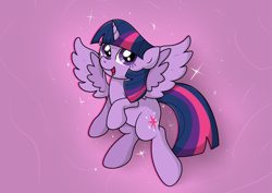 Size: 4123x2925 | Tagged: safe, artist:background basset, twilight sparkle, alicorn, pony, g4, flying, open mouth, simple background, solo, spread wings, twilight sparkle (alicorn), wings