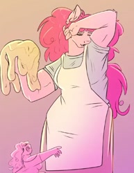 Size: 973x1263 | Tagged: safe, artist:unfinishedheckery, pinkie pie, earth pony, human, anthro, g4, apron, clothes, digital art, eyes closed, female, open mouth, shirt, simple background, solo, tail, thighs
