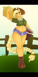 Size: 1080x2160 | Tagged: safe, artist:unfinishedheckery, applejack, earth pony, anthro, unguligrade anthro, g4, apple, belly button, boots, breasts, bucket, busty applejack, clothes, cowboy hat, cowgirl, cowgirl outfit, daisy dukes, digital art, female, food, hat, hay bale, looking at you, shirt, shoes, shorts, smiling, smiling at you, solo, tail, thighs, wide hips