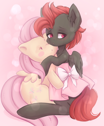 Size: 700x840 | Tagged: safe, artist:valeria_fills, fluttershy, oc, pegasus, pony, g4, blushing, canon x oc, clothes, commission, crossdressing, cuddling, digital art, dress, duo, eyelashes, female, fluttershy plushie, male, mare, plushie, simple background, spread wings, stallion, straight, tail, wings, ych result