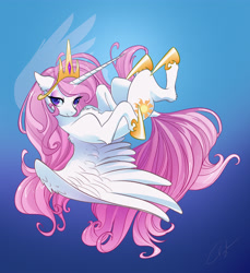 Size: 4126x4500 | Tagged: safe, artist:opalacorn, princess celestia, alicorn, pony, g4, absurd file size, absurd resolution, chest fluff, cute, cutelestia, dock, female, gradient background, lidded eyes, looking at you, mare, pink-mane celestia, smiling, smiling at you, solo, spread wings, wings