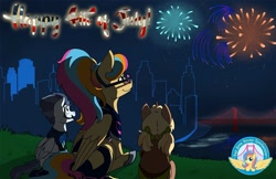 Size: 1669x1080 | Tagged: safe, artist:babscon, oc, oc only, oc:golden gates, pegasus, pony, unicorn, 4th of july, babscon, holiday, mascot, united states