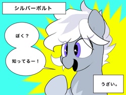Size: 1353x1027 | Tagged: safe, artist:mochi_nation, oc, oc only, oc:silver bolt, earth pony, pony, bust, dialogue, female, japanese, mare, solo, speech bubble