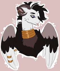 Size: 1280x1512 | Tagged: safe, artist:void-sommar, oc, unnamed oc, hybrid, bust, interspecies offspring, male, neck rings, offspring, parent:discord, parent:zecora, parents:zecord, tongue out, wings