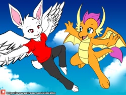 Size: 1280x960 | Tagged: safe, artist:winick-lim, smolder, oc, oc:endymion, dragon, rabbit, anthro, g4, animal, clothes, cloud, commission, digital art, dragon wings, dragoness, duo, female, flying, furry, furry oc, horn, male, open mouth, sky, spread wings, wings