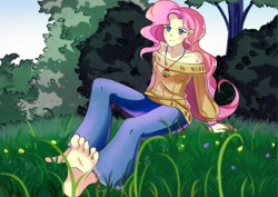 Size: 2200x1556 | Tagged: safe, artist:xmonstergirlshideout, fluttershy, human, g4, anklet, barefoot, barefooting, feet, female, grass, hippieshy, humanized, jewelry, nature, necklace, peace symbol, sitting, smiling, solo