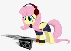 Size: 820x594 | Tagged: safe, fluttershy, pegasus, pony, g4, boombox, clothes, female, headphones, leg warmers, mare, simple background, smiling, solo, white background
