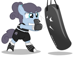 Size: 4780x3680 | Tagged: safe, artist:strategypony, oc, oc only, oc:polly poppyseed, earth pony, pony, bipedal, boxing, boxing gloves, boxing shoes, boxing shorts, clothes, earth pony oc, female, filly, midriff, practice, punch, punching bag, shoes, shorts, simple background, sports, sports shoes, sports shorts, text, transparent background