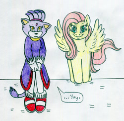 Size: 1280x1242 | Tagged: safe, artist:jose-ramiro, fluttershy, pegasus, pony, anthro, g4, blaze the cat, looking at you, personality swap, sonic the hedgehog (series), spread wings, traditional art, wings, yay