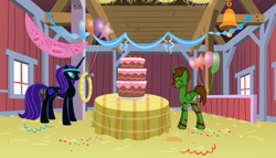 Size: 3237x1853 | Tagged: safe, artist:90sigma, artist:elfmoon3, artist:generalzoi, oc, oc only, oc:nyx, alicorn, pony, g4, party of one, the last roundup, alicorn oc, barn, birthday, birthday cake, cake, duo, food, horn, wings