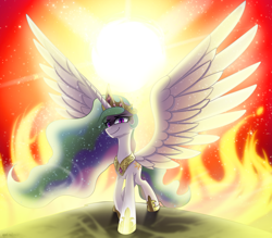 Size: 5600x4900 | Tagged: safe, artist:opal_radiance, princess celestia, alicorn, pony, g4, absurd resolution, female, fire, grin, implied daybreaker, mare, smiling, solo, spread wings, sun, wings