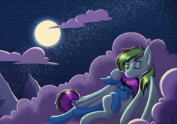 Size: 1090x766 | Tagged: artist needed, safe, oc, oc only, oc:weo, pegasus, pony, cloud, moon, night, on a cloud, snuggling