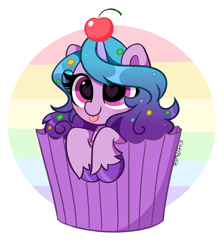 Size: 3049x3404 | Tagged: safe, artist:kittyrosie, izzy moonbow, pony, unicorn, g5, :p, blushing, cherry, cupcake, cute, female, food, high res, horn, horn impalement, izzy impaling things, kittyrosie is trying to murder us, solo
