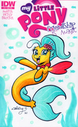 Size: 1280x2059 | Tagged: safe, artist:zadokengel, princess skystar, seapony (g4), g4, my little pony: the movie, blue eyes, blue mane, bubble, comic cover, commission, dorsal fin, female, fins, fish tail, flower, flower in hair, flowing tail, freckles, jewelry, looking at you, my little pony logo, necklace, open mouth, pearl necklace, signature, smiling, solo, tail, teeth, underwater, water