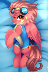 Size: 2934x4400 | Tagged: safe, artist:2pandita, oc, oc only, oc:fast fire, pegasus, pony, body pillow, body pillow design, clothes, female, goggles, mare, solo, tongue out, uniform, wonderbolt trainee uniform