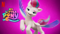 Size: 665x374 | Tagged: safe, zipp storm, pegasus, pony, g5, my little pony: a new generation, official, abstract background, female, looking at you, mare, my little pony: a new generation logo, netflix, netflix logo, smiling, smiling at you, solo, spread wings, unshorn fetlocks, wings