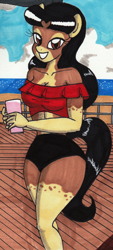 Size: 1664x3667 | Tagged: safe, artist:newyorkx3, edit, oc, oc only, oc:crystal, earth pony, anthro, anthro oc, beach, breasts, cleavage, clothes, cropped, drink, female, grin, looking at you, mare, off shoulder, sand, smiling, smiling at you, solo, swimsuit, traditional art
