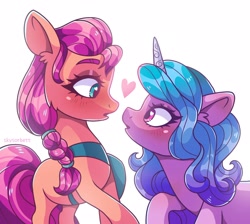 Size: 2048x1835 | Tagged: safe, artist:skysorbett, izzy moonbow, sunny starscout, earth pony, pony, unicorn, g5, blushing, braid, duo, duo female, ear fluff, eye contact, eyelashes, female, heart, horn, lesbian, looking at each other, looking at someone, mare, raised hoof, ship:moonscout, shipping, simple background, white background, wingding eyes