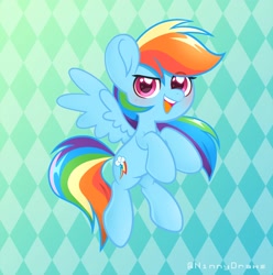 Size: 2600x2620 | Tagged: safe, artist:ninnydraws, rainbow dash, pegasus, pony, g4, cute, dashabetes, flying, high res, open mouth, smiling, solo, spread wings, wings