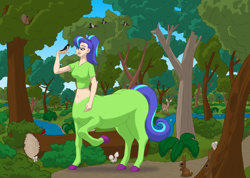 Size: 2056x1466 | Tagged: safe, artist:runningtoaster, oc, oc only, oc:chafine, bird, centaur, human, taur, centaurified, clothes, colored, female, forest, humanized, log, river, solo, species swap, tree