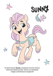 Size: 500x707 | Tagged: safe, sunny starscout, earth pony, pony, g5, my little pony: a new generation, official, bag, book, cutie mark, female, mare, polish, satchel, solo, stars, text