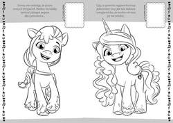 Size: 500x354 | Tagged: safe, izzy moonbow, sunny starscout, earth pony, pony, unicorn, g5, official, black and white, book, coloring book, coloring page, duo, female, grayscale, mare, monochrome, polish, text, translated in the description