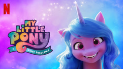 Size: 1280x720 | Tagged: safe, izzy moonbow, pony, unicorn, g5, my little pony: a new generation, abstract background, looking at you, my little pony: a new generation logo, netflix, netflix logo, polish, smiling, smiling at you