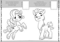 Size: 500x354 | Tagged: safe, hitch trailblazer, pipp petals, earth pony, pegasus, pony, g5, official, black and white, book, coloring book, coloring page, duo, female, grayscale, male, mare, monochrome, polish, stallion, text, translated in the description