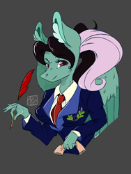 Size: 1536x2048 | Tagged: safe, artist:artfestation, oc, oc only, pegasus, anthro, clothes, dark background, ear fluff, female, mare, necktie, pegasus oc, quill, scroll, signature, suit, two toned wings, wings