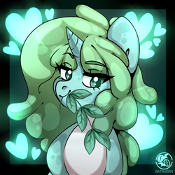 Size: 2160x2160 | Tagged: safe, artist:batavern, oc, oc:mintya, goo, goo pony, original species, colored eyebrows, eyebrows, eyebrows visible through hair, food, heart, herbivore, high res, jelly, looking at you, mint, mouth hold, pale belly, smiling, smiling at you