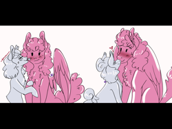 Size: 2048x1536 | Tagged: safe, artist:artfestation, cloudy quartz, oc, earth pony, pegasus, pony, g4, blushing, canon x oc, chest fluff, female, heart, kissing, lesbian, limited palette, simple background, white background, wings