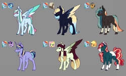 Size: 2500x1500 | Tagged: safe, artist:artfestation, applejack, dumbbell, quibble pants, rainbow dash, soarin', oc, earth pony, pegasus, pony, unicorn, g4, earth pony oc, gray background, horn, magical lesbian spawn, multicolored hair, offspring, parent:applejack, parent:dumbbell, parent:fluttershy, parent:quibble pants, parent:rainbow dash, parent:soarin', parent:twilight sparkle, parents:appledash, parents:dumbdash, parents:flutterdash, parents:quibbledash, parents:soarindash, parents:twidash, pegasus oc, rainbow hair, simple background, two toned wings, unicorn oc, wings