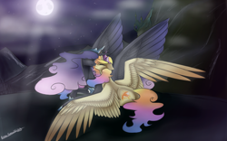Size: 1600x998 | Tagged: safe, artist:penrosa, oc, oc only, alicorn, pony, alicorn oc, female, hoof shoes, horn, lesbian, mare, night, nuzzling, oc x oc, outdoors, peytral, shipping, signature, stars, wings