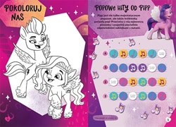 Size: 500x359 | Tagged: safe, pipp petals, zipp storm, pegasus, pony, g5, my little pony: a new generation, official, book, coloring page, duo, female, mare, music notes, polish, siblings, sisters, text