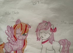 Size: 960x702 | Tagged: safe, artist:milledpurple, oc, oc only, pegasus, pony, unicorn, bow, choker, duo, eyes closed, grin, hair bow, horn, one eye closed, pegasus oc, smiling, traditional art, unicorn oc, wings, wink