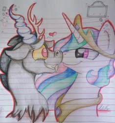 Size: 902x960 | Tagged: safe, artist:milledpurple, discord, princess celestia, alicorn, draconequus, pony, g4, bust, female, heart, horn, jewelry, lined paper, male, mare, peytral, ship:dislestia, shipping, signature, smiling, straight, tiara, traditional art